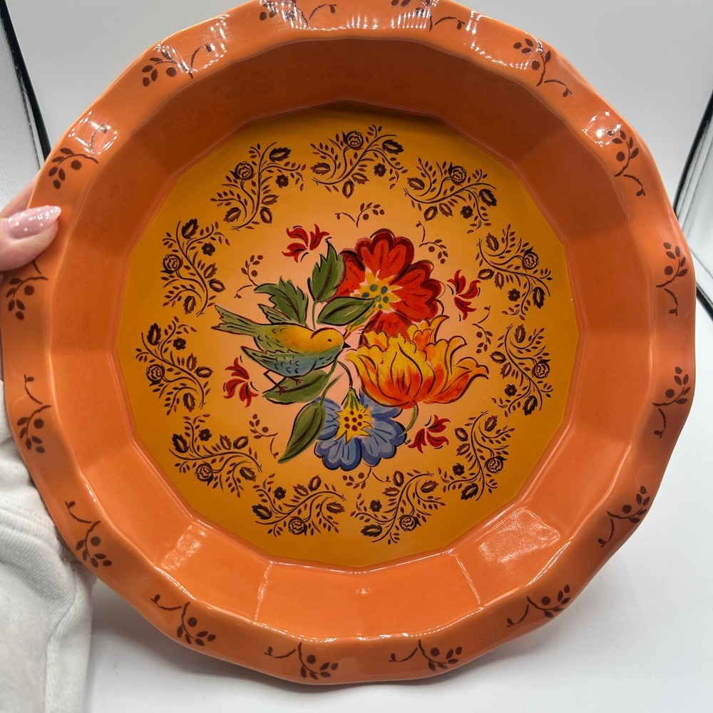 Orange Floral Bird Ceramic Scalloped Pie Plate Posy Dish Folk Art Style 10.5 In.
